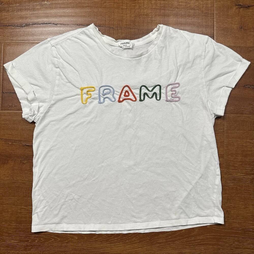 Frame T Shirt Womens M White Embroidered Yarn Logo Oversized Cotton Peru Retro